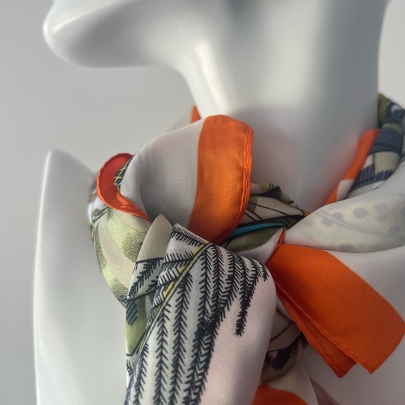 Retro vintage orange white Feather silk scarf wrap - Picture 7 of 9